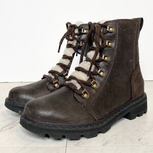 Sorel Lennox Lace Up Fur Leather Brown Boot 6